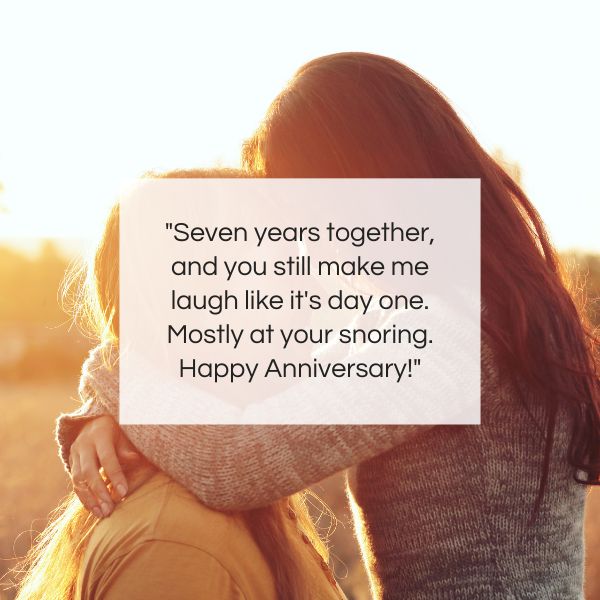 A playful couple laughs together, celebrating their 7 year anniversary with humor and light-heartedness.