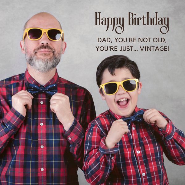 Father and son dressed alike in plaid and sunglasses, playfully adjusting their bow ties with a birthday message.