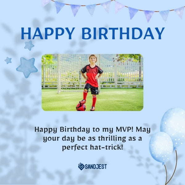 Sandjest birthday card featuring a young soccer player, with a playful birthday wish relating to sports for a son.