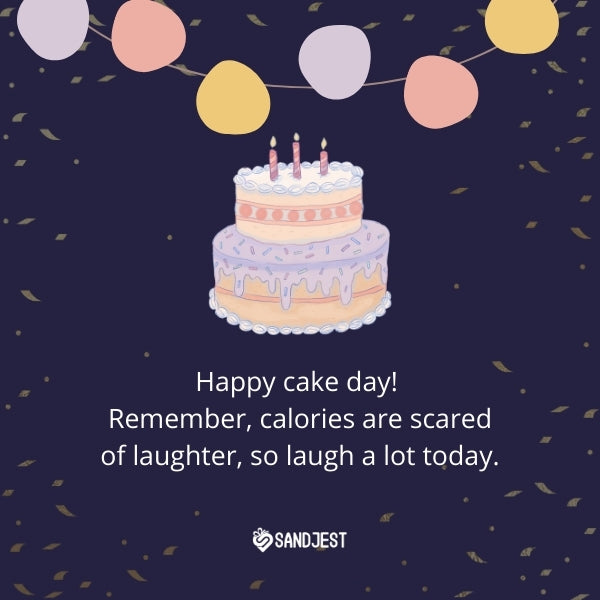 Illustrated birthday cake with a joke about laughing off calories, a humorous addition to a best friend's birthday festivities with funny birthday wishes for best friend.