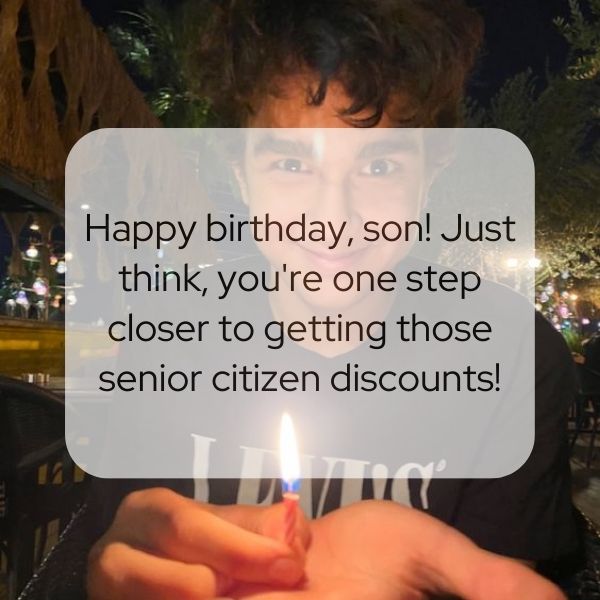Happy teenage boy blowing out a candle with a humorous birthday message about aging.
