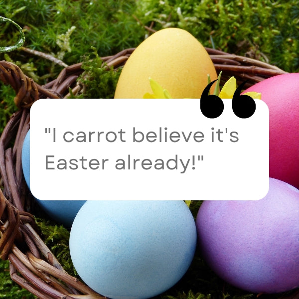An image featuring a close-up view of a wicker Easter basket nestled in green grass with a funny easter quote.
