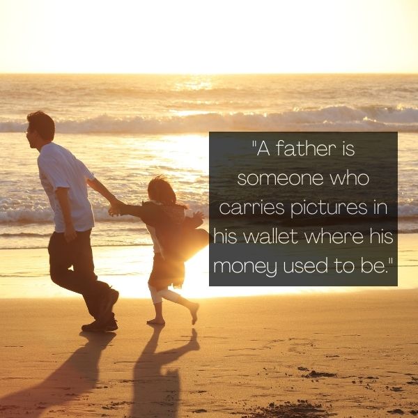 Laughter between father and daughter with a humorous quote backdrop.