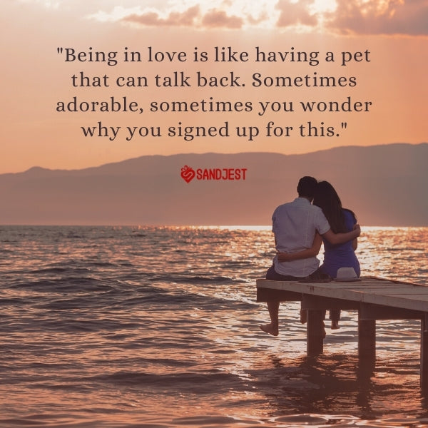 A couple on a pier, epitomizing funny love hate relationship quotes with a serene backdrop