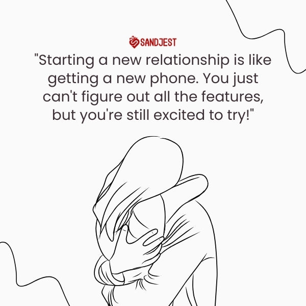 A whimsical line drawing, capturing the excitement and mystery of funny new relationship quotes.