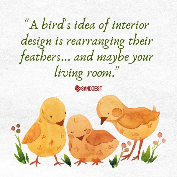 Watercolor chicks humorously depicted with a quote about birds' quirky take on home decor.