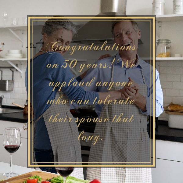 Couple cooking together with humorous 50th Wedding Anniversary congratulations