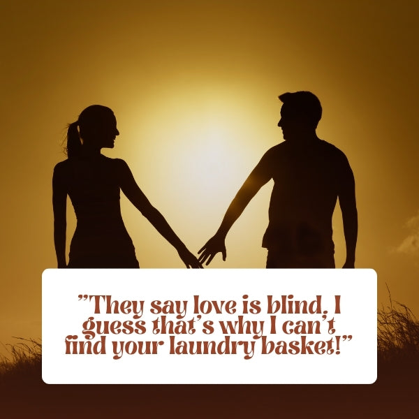 A couple's silhouette against the sunset, humorously representing funny relationship quotes for him.