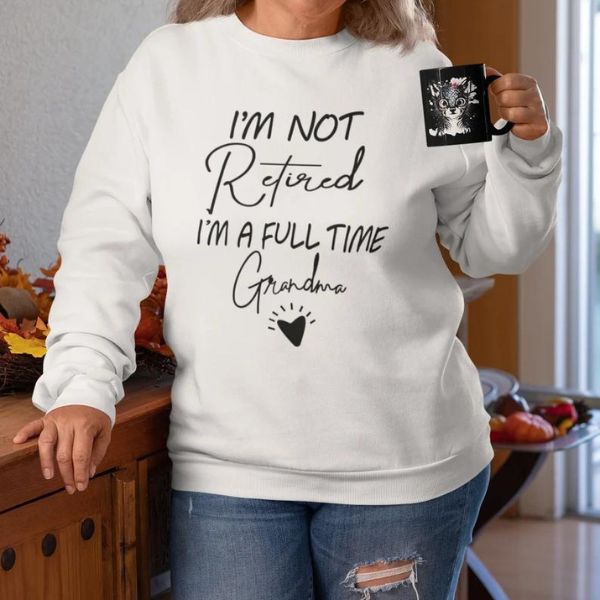 Humorous 'Full Time Grandma' sweater, a perfect retirement gift for grandmothers.