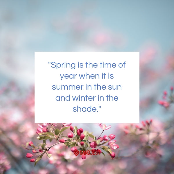 A whimsical spring quote about the seasons under a canopy of delicate pink blossoms.