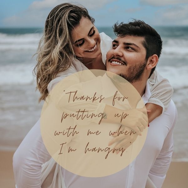 Joyful couple at the beach with a quote about gratitude for husband's patience.