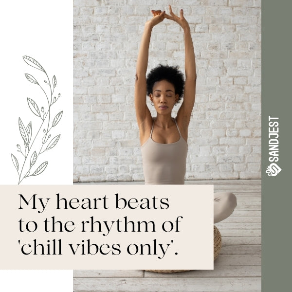 A peaceful yoga pose with a funny self love quote on chill vibes, captured in a serene indoor setting