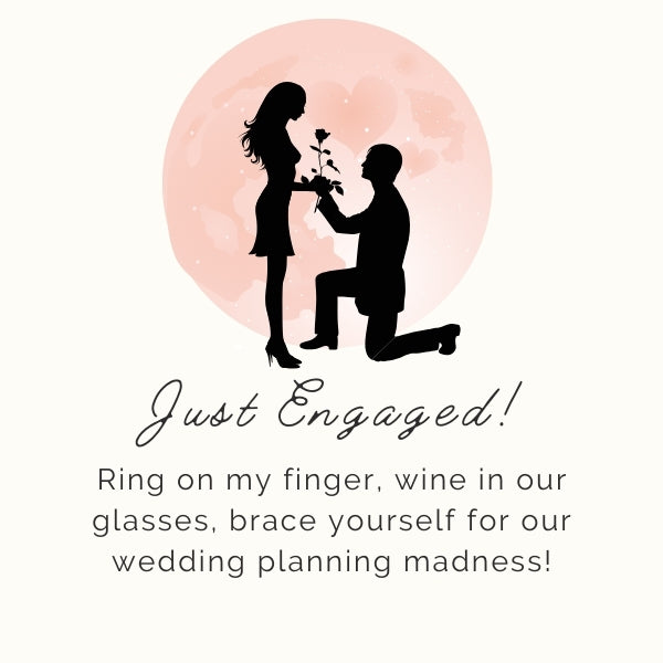 Silhouette of a couple during a proposal with a playful message about wedding planning, featuring funny quotes engagement theme