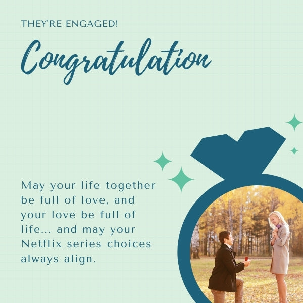 Engagement announcement with an autumn backdrop, sharing wisdom on love and Netflix choices through a funny quotes engagement sentiment