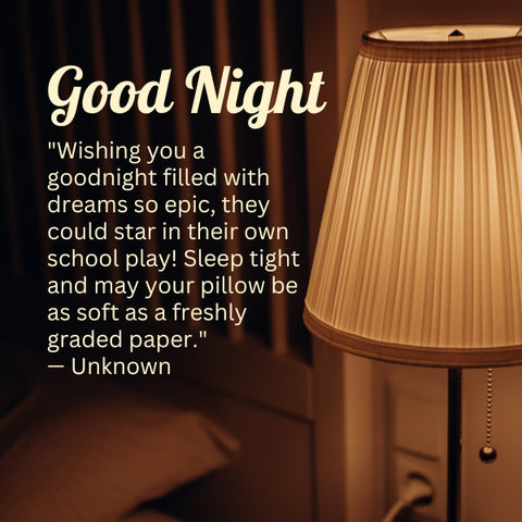 Lamp by bed with a funny good night message about school dreams.