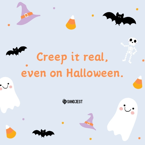 Cute Halloween-themed design with ghosts and bats featuring a funny fall quote for a playful twist on spooky traditions.