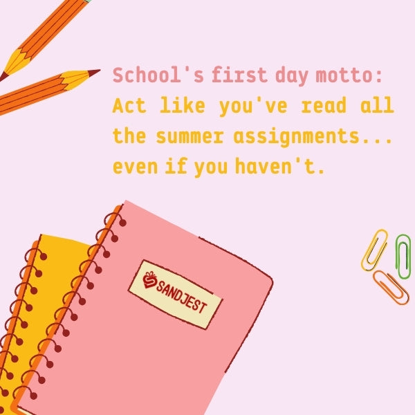 Image with pencils and notebook featuring a humorous school motto, a funny school quotes about pretending to have done summer homework.