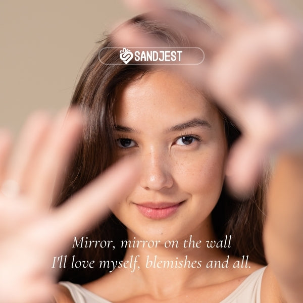 A smiling woman framed by her hands with a funny self love quote about acceptance