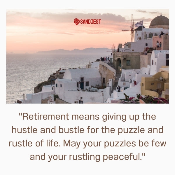 A retirement quote over a picturesque sunset in Santorini for a boss stepping down.