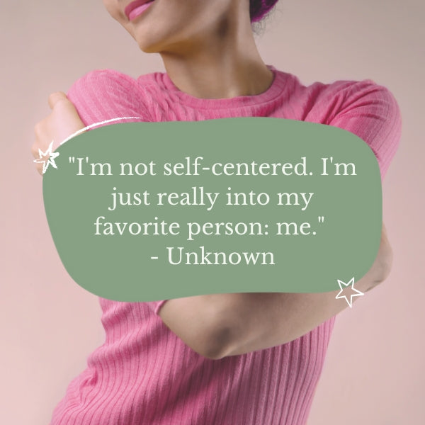 Woman in pink sweater smiling, funny self love quotes on embracing oneself with humor.