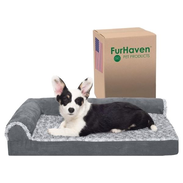 Spoil Dad's furry friend with the FurHaven Deluxe Chaise Faux Fur & Suede Pet Bed, a cozy Father's Day giftDad's pet enjoys luxury with the FurHaven Deluxe Chaise Pet Bed, the ultimate spot for furry relaxation.