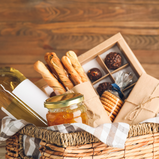 Assorted gift basket with gourmet treats, delightful surprise gifts for single moms.