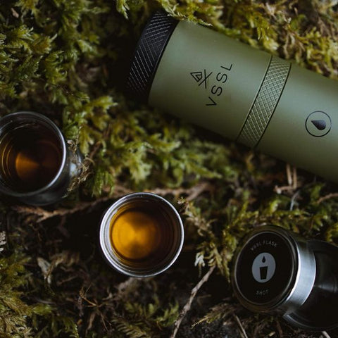 Glass Infused Adventure Flask with Collapsible Shot Glasses, a unique father's day gift.