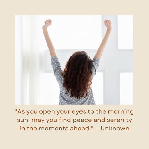 Woman stretching with arms up facing a bright window, with a morning peace and serenity quote.