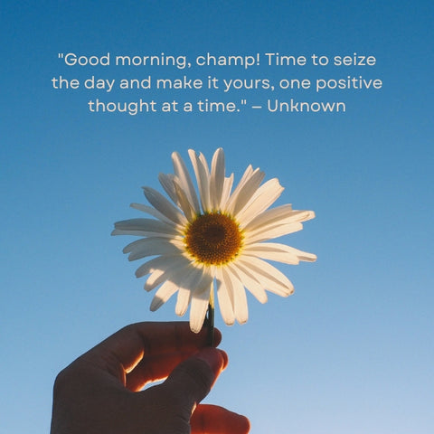 Hand holding a daisy against a clear blue sky, with an encouraging morning quote.