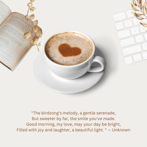 Open book and coffee cup with a heart, featuring a poetic good morning quote for wife.
