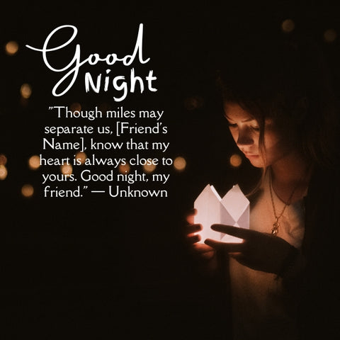 Good night message for a friend in long distance with a woman holding a glowing lantern.
