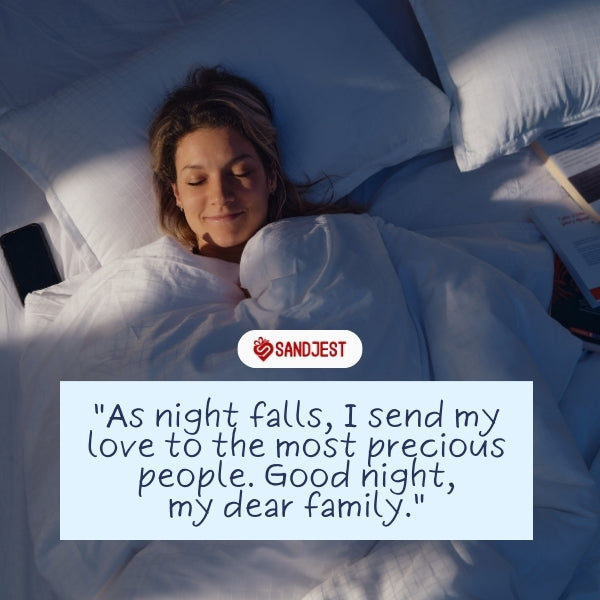 A woman cozily tucked in bed, phone in hand, smiling at a family message.