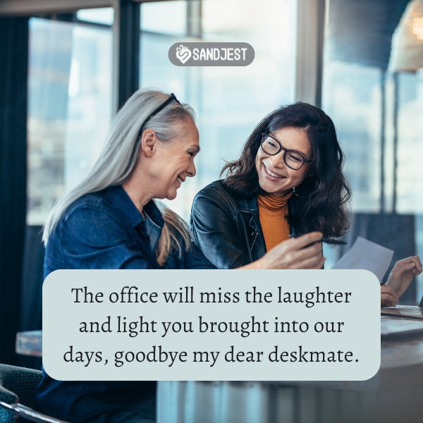 Two colleagues laugh, saying goodbye quotes uplift.