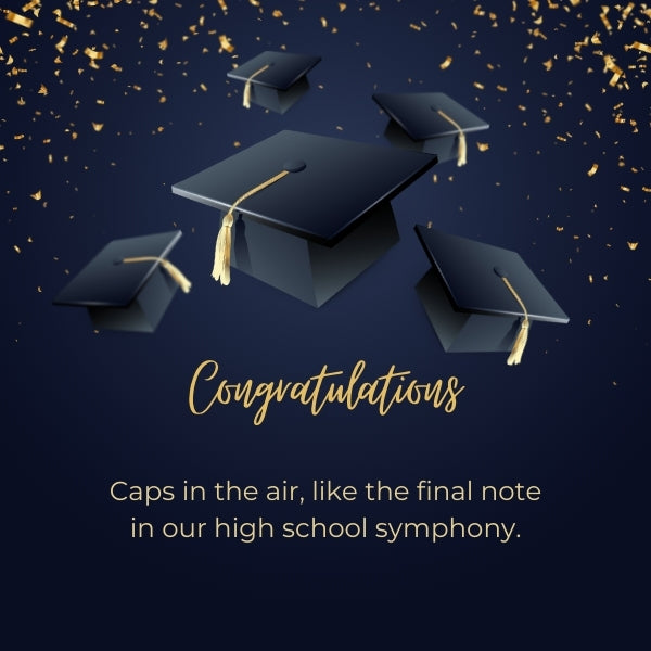Elegant graduation caps thrown in the air against a dark background with golden confetti including a graduation quotes