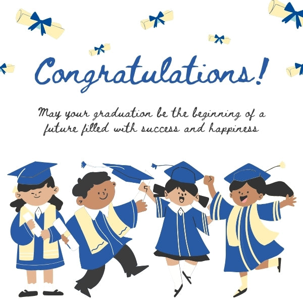 Illustration of jubilant children in graduation gowns and caps celebrating, with diplomas flying around and graduation quotes