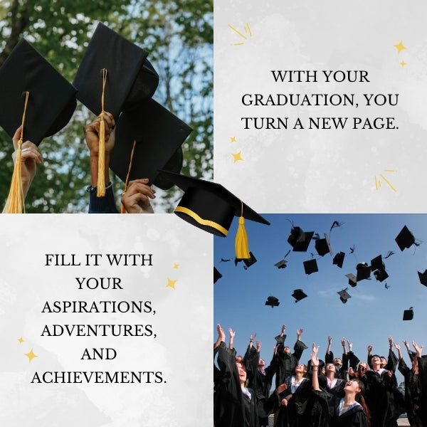 Hands holding graduation caps in the air with a background of a clear sky and flying caps, accompanied by the inspirational quote about graduation