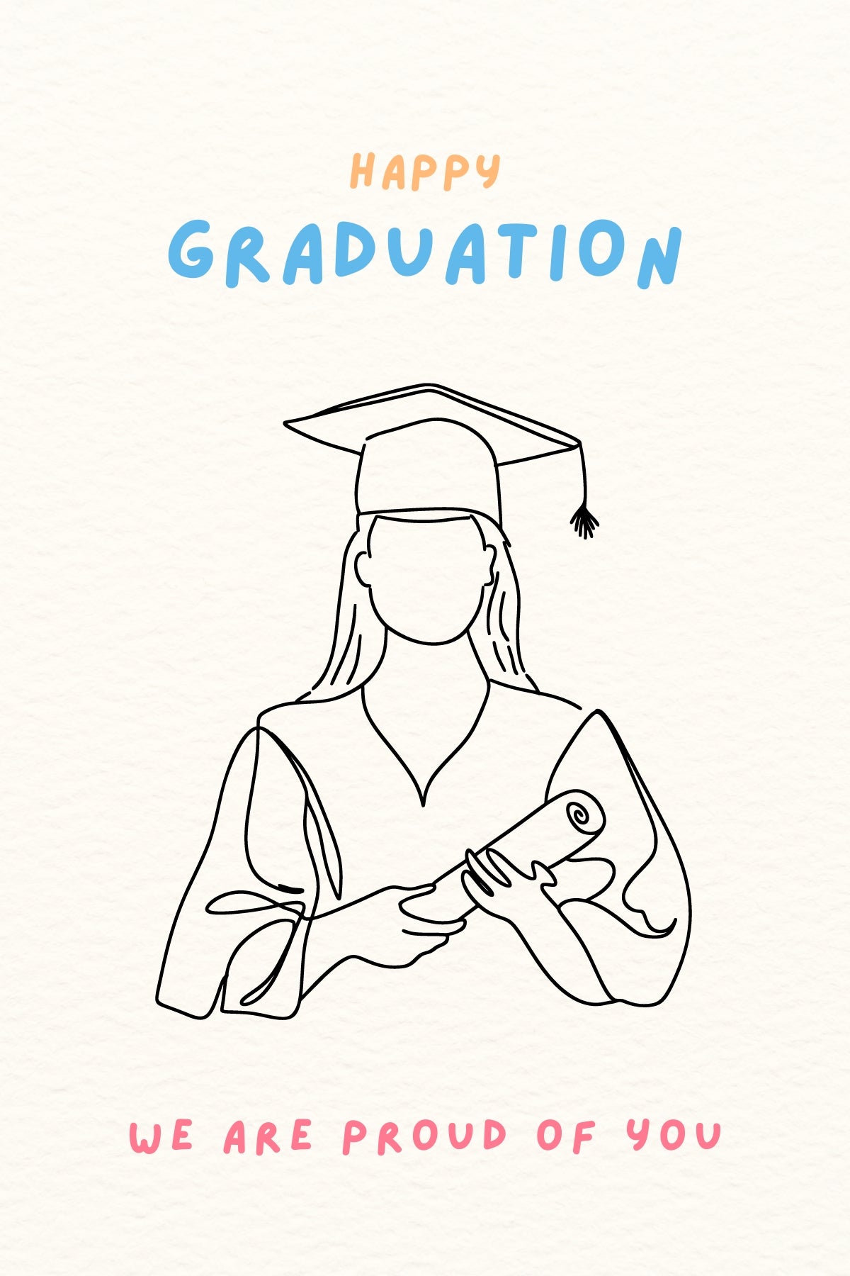 Minimalist line drawing of a graduate holding a diploma on a textured paper background with Happy Graduation message.