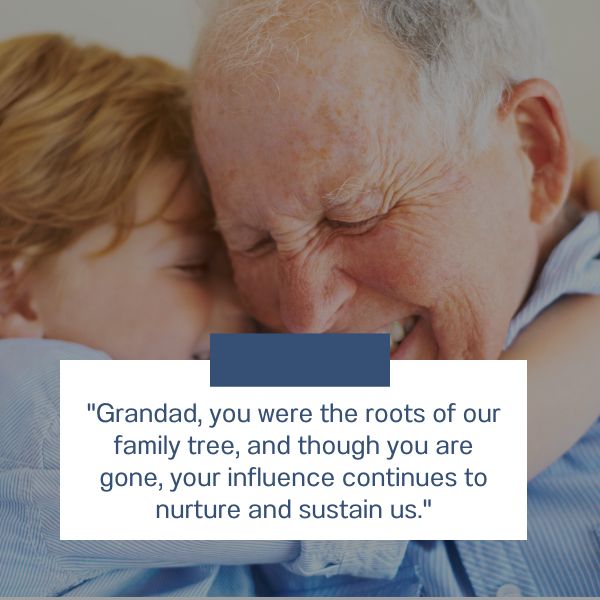 An affectionate moment captured between a grandchild and grandfather, both with closed eyes and foreheads touching, sharing a tender embrace with a Grandad Death Anniversary Quotes