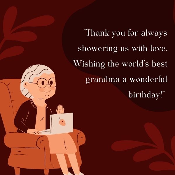 Cartoon of a grandmother reading with a tender birthday quote on a maroon backdrop