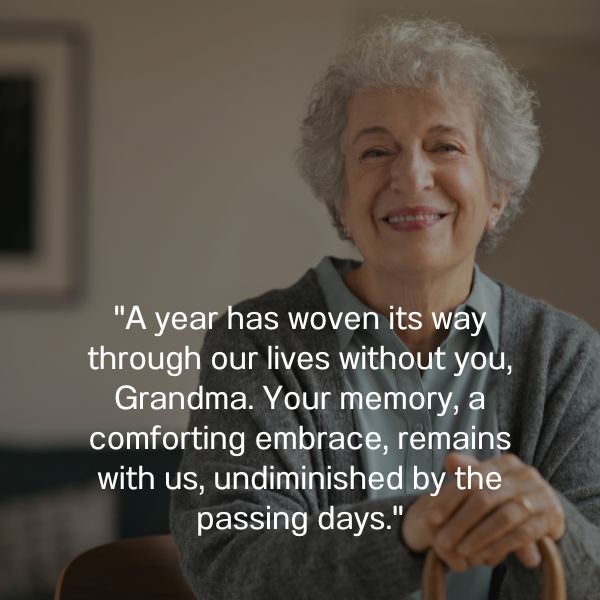 An image of a smiling elderly woman with short, curly gray hair. She is looking off to the side with a gentle smile with a grandma death anniversary quote.