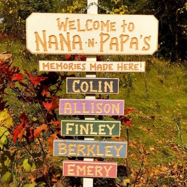 A set of colorful, personalized wooden signs with grandchildren's names, a heartwarming outdoor decor piece.
