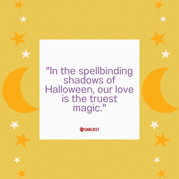 A moon and stars graphic alongside a romantic Halloween quote about love.