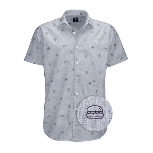 Casual grey button-down short-sleeve shirt with a subtle hamburger print, a fun Grandparents Day apparel choice.