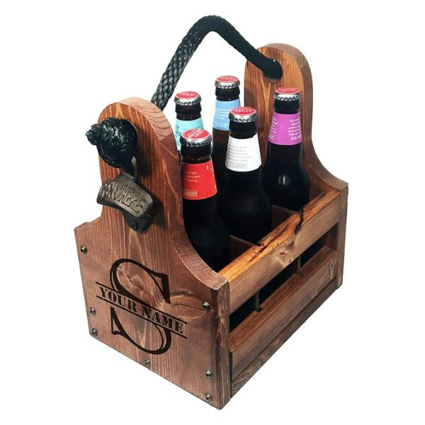 A handcrafted wooden beer caddy, a son's gift to share some brews with dad.