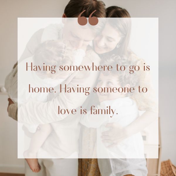 A happy family moment with happiness quotes on the importance of home and loved ones.