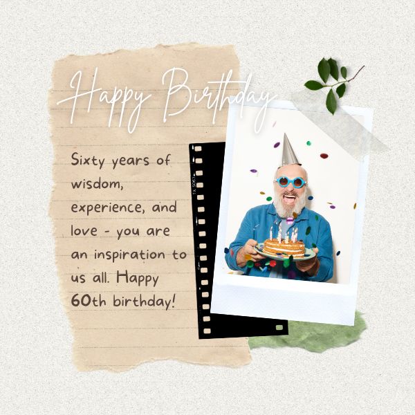 Cheerful elderly man with a birthday hat enjoying cake, celebrating 60th birthday.