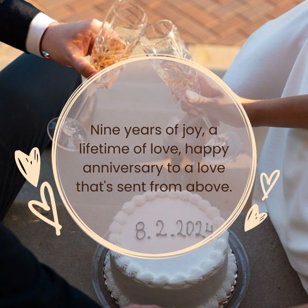 Elegant anniversary cake and champagne toast with a sentimental 9th anniversary quote.