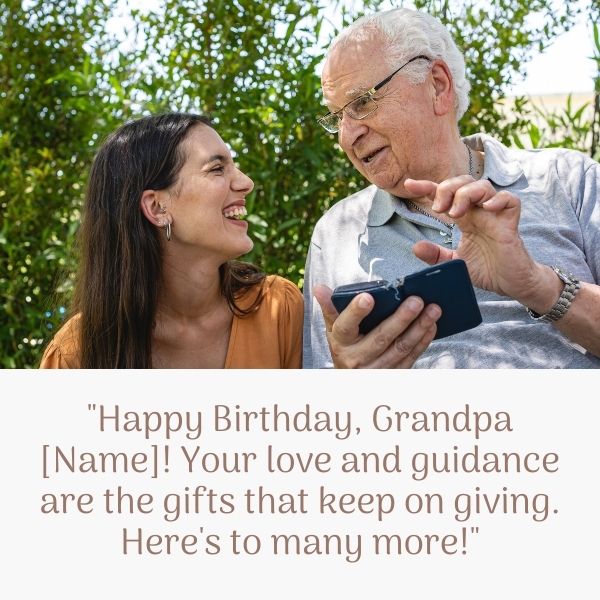 Grandpa using a smartphone with a birthday message from his grandchild.
