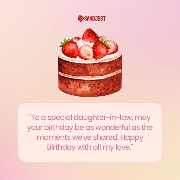 A birthday card with a birthday wishes for daughter in law and a strawberry-topped cake, symbolizing sweet and heartwarming wishes for a daughter-in-law.