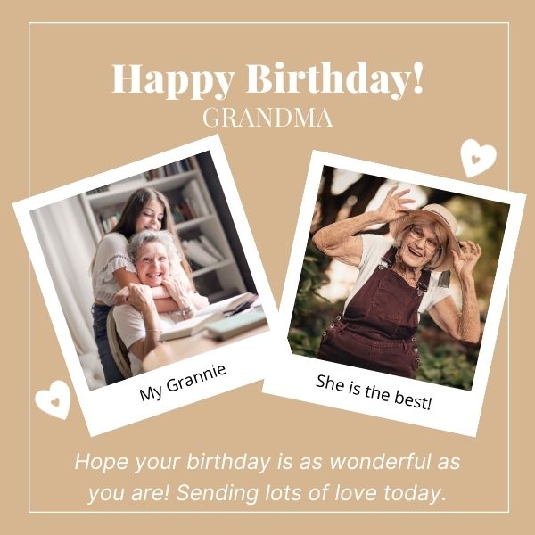 Collage of joyful grandma photos with heartfelt birthday wishes on a beige background